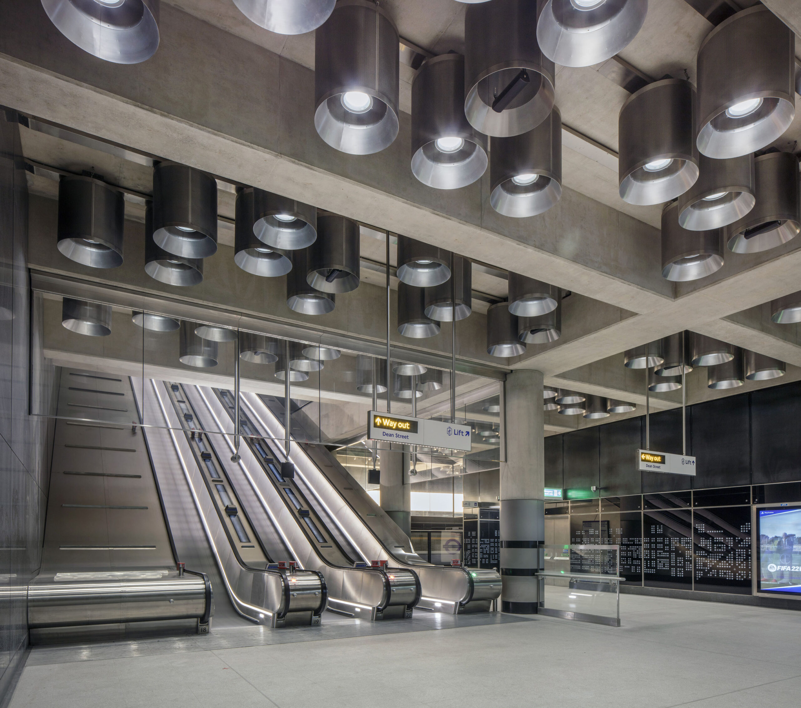 Interior escalators at Tottenham Court Road Station Elizabeth Line